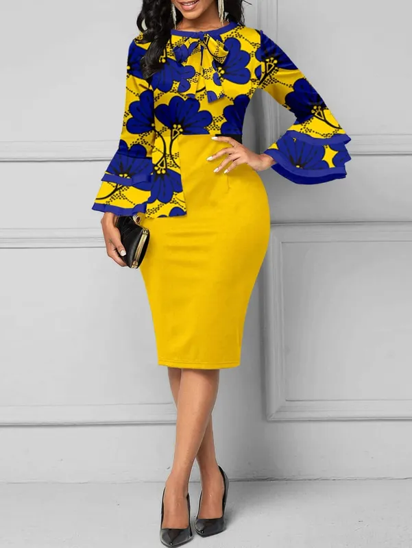 Women Long Sleeves Ethnic Floral Print Round Neck Autumn Knee Length Bodycon Dress Fashion Casual Commuter Party Pencil Dress