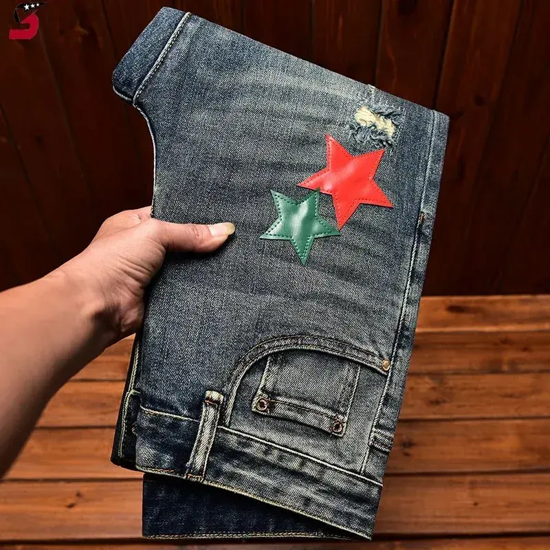 High Street Fashion Jeans Panlalaking Taglagas at Taglamig na Butas at Patch ng Damit Personality Star Patch Slim Fit Skinny Stretch Pants