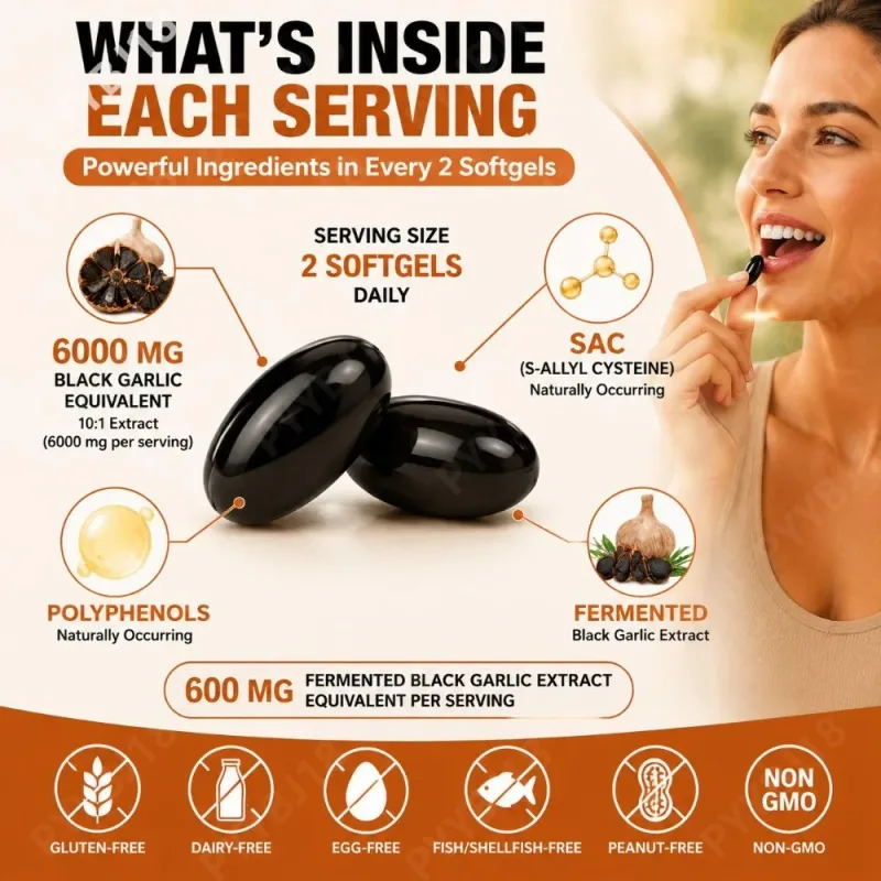 Fermented Black Garlic Extract Softgels 6000mg Equivalent Supplement for Daily Wellness Antioxidant Immune Support 240 Softgels