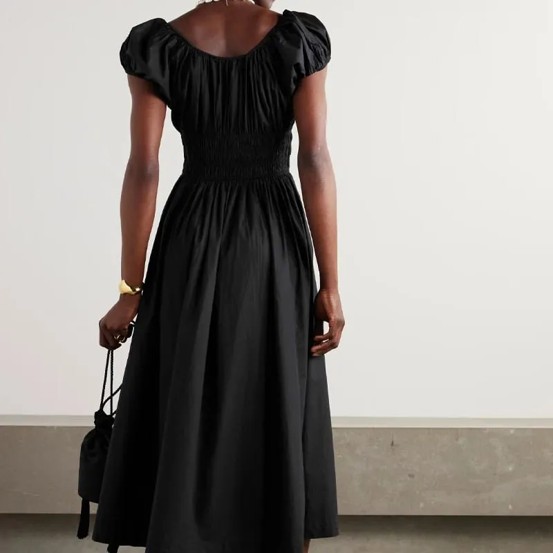 Quinn Style Women Pleated Midi Dress Elegant Puff Sleeve Smocked Waist Organic Cotton Poplin Casual Flare A-Line Dress
