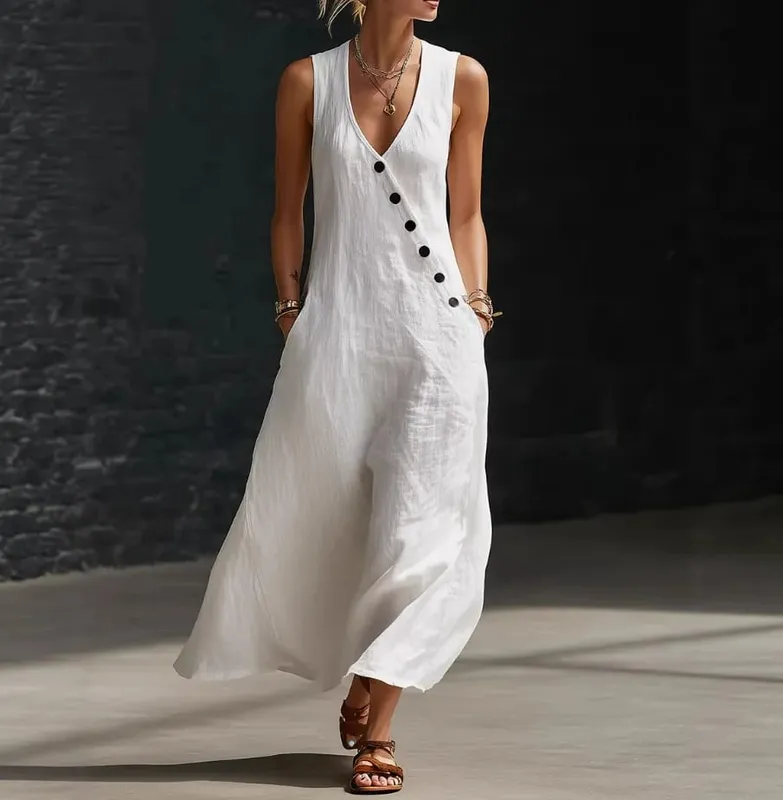 2026 Casual Sleeveless Loose Maxi Dress Women Summer Fashion Solid Color V-neck Holliday Elegant Long Dresses
