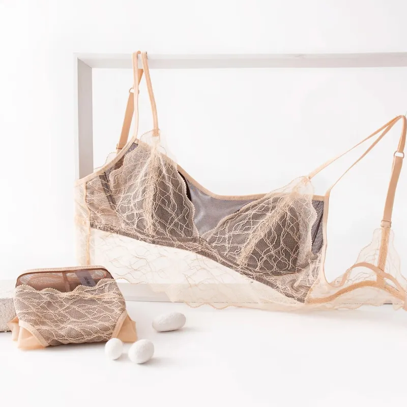 Sexy Silk Lingerie Set Women Push Up Lace Bralette Panty Set Pure Desire Swimsuit Beach Cover Up