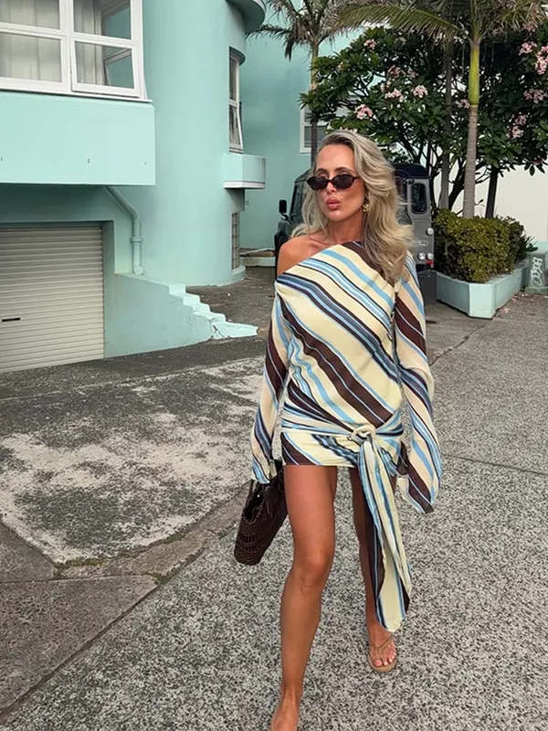 Holiday Women's Dress Skew Collar Full Sleeve Stripe Print Female Short Dresses 2026 Spring New Vacation Beach Fashion Lady Robe