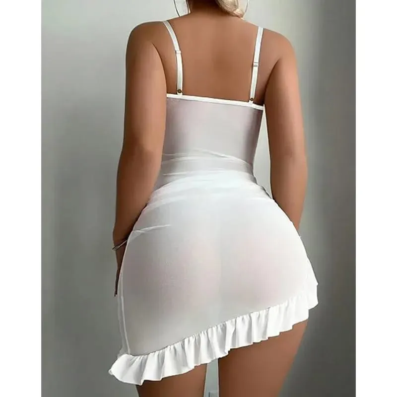 Summer Women Sexy Sheer Mesh Babydoll Lingerie Lace Slip Dress Ruffle Spaghetti Strap Nightdress Nightwear