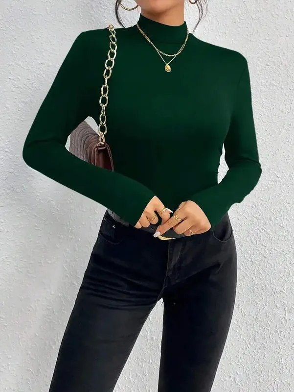 Y2K Aesthetic Mock Neck Long Sleeve Bodysuit Women Soft Stretch Slim Fit Thong Bodycon 2000s Vintage Layering Basic Top