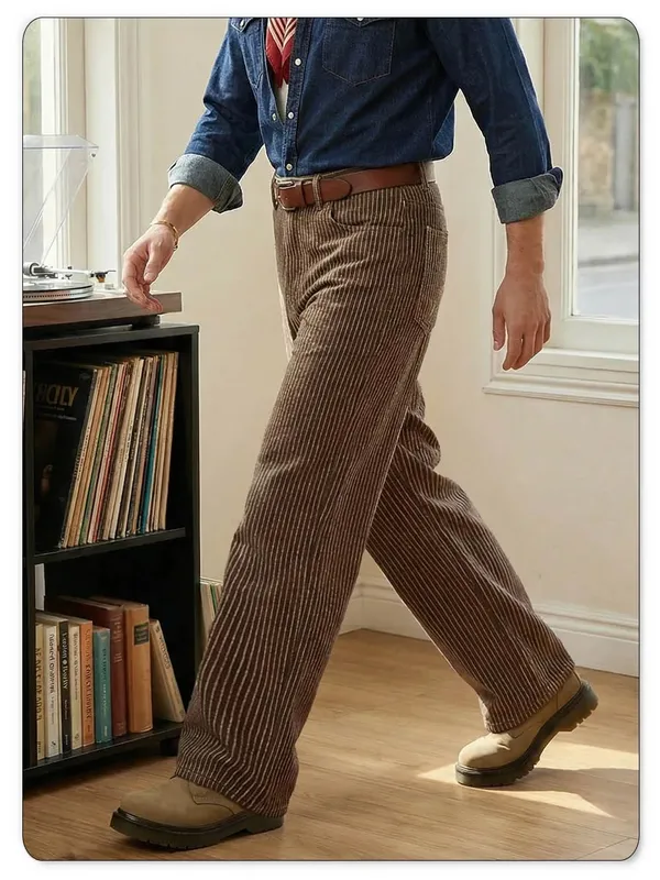 Japanese Korean Vertical Striped Jacquard Wide-leg Jeans British Retro Striped Business Casual Baggy-Fitting Denim Pants
