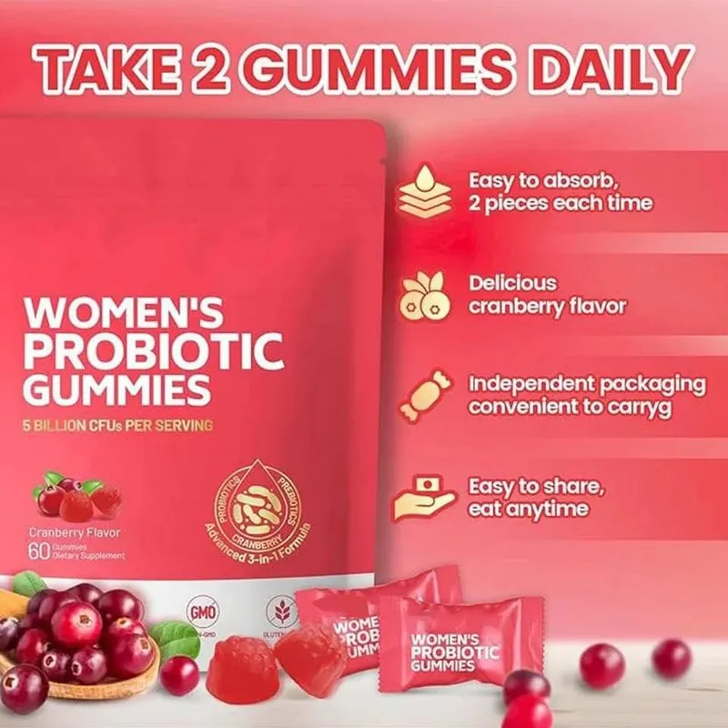 Women Probiotic Gummies With Cranberry For Vaginal & Urinary Health Digestive Health Support Berry Flavor Dietary Supplement