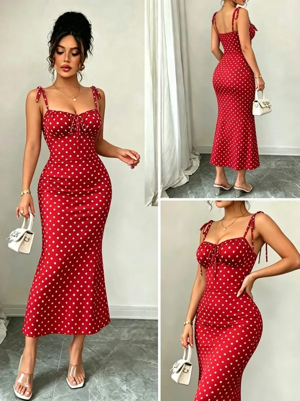 High-Elasticity Red Polka Dot Fishtail Skirt with Shoulder Straps + Chest Ruching for a Strong Waist Cinch Slim Fit Hip-Hugging Vintage Mid-Length Skirt