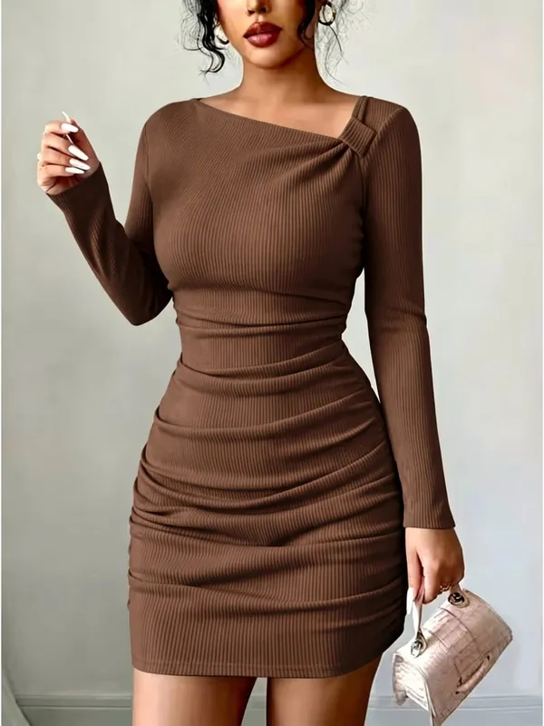Women's Autumn Casual Elegant Solid Color Dress Mini Skirt Length Long Sleeved Pit Stripe Slanted Collar Fashion