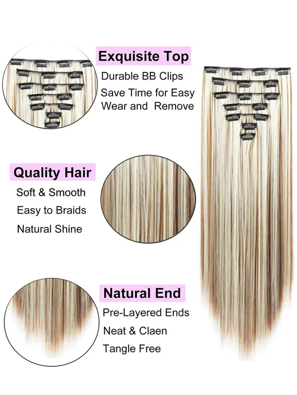 Clip in Hair Extensions 22 Inch Brown Mix Blonde Long Hair Extensions Clip Ins 7PCS Soft Synthetic Hairpieces for Women