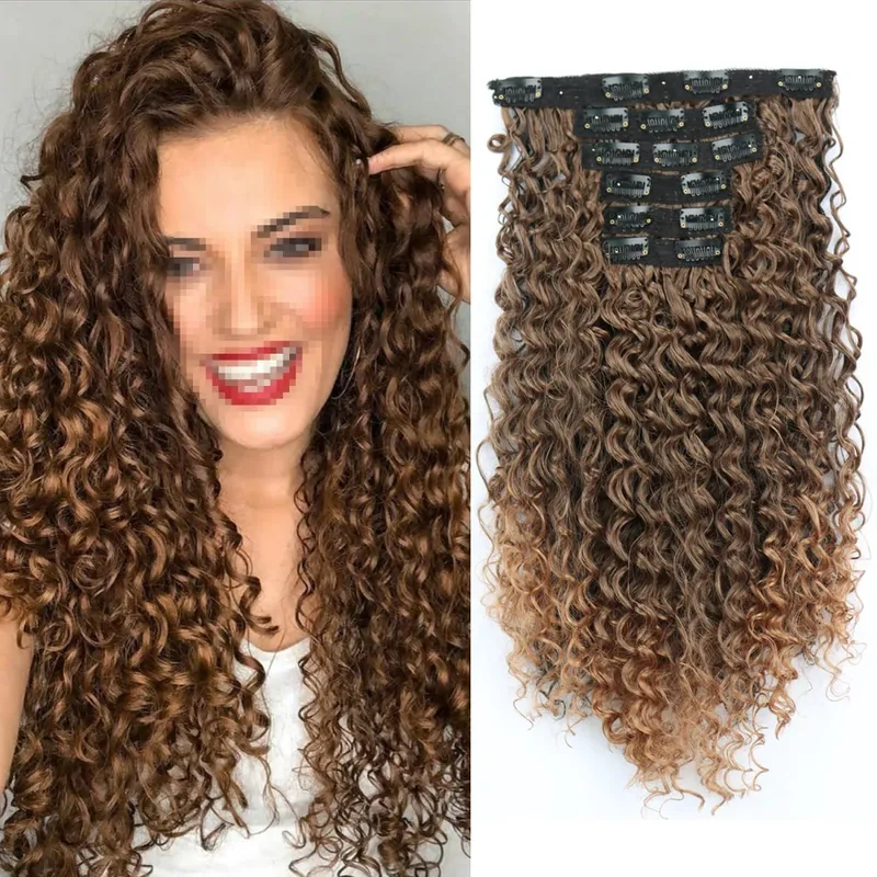 Synthetic 26Inch Kinky Curly 16 Clip In Hair Extensions Black Brown Full Head Fake Pieces Kinky Curly Hair Extensions