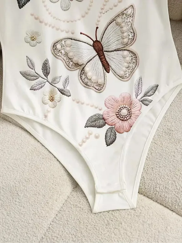 Elegant Butterfly Floral Embroidery Bodysuit Women Spaghetti Strap Slim High‑Cut One‑Piece Bodycon Jumpsuit