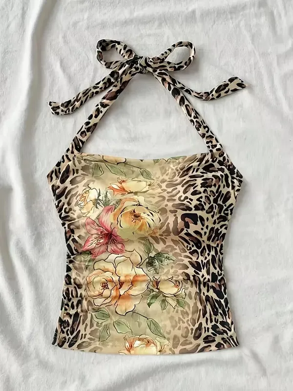 Cropped Top Women's Summer Vacation Women's Half Neck Leopard Print Colorful Flower Top