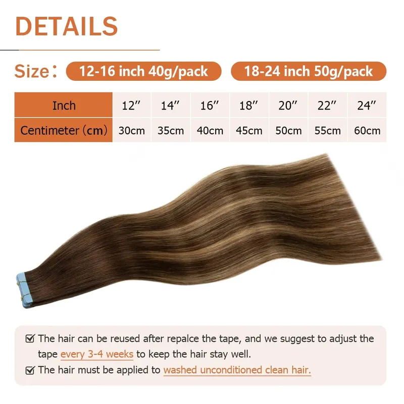 Tape In Hair Extensions Human Hair Skin Weft Remy Natural Tape in Extensions 40-50G/Pack Full 12-24 inch Tape-Ins