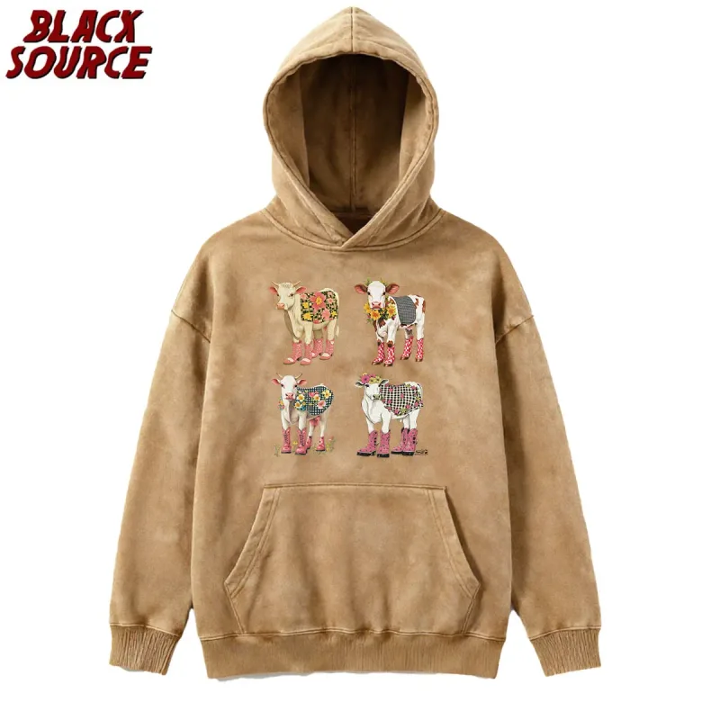 T078 Cute Cartoon Cow Print Hoodie, Washed Neutral Style Pullover Sweatshirt, Fashion Trend Casual Streetwear Daily Wear