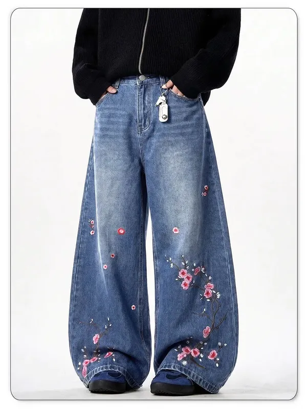 Men's Retor Plum Blossom Embroidered Baggy Jeans Blue Washed Wide Leg Denim Streetwear Casual Denim Pants Unisex
