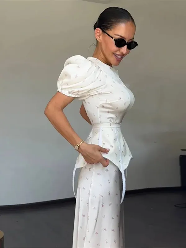 Women's White Floral Print Puff Sleeve Dress With Waistband Fashion Satin Ruffled Hem Maxi Dresses Lady 2026 Elegant Party Robe