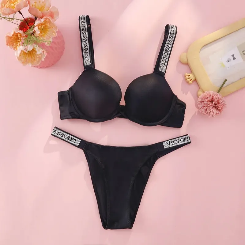 Victoria Secret Sexy Lingerie Set Very Sexy Logo Shine Strap Tropical Floral Push Up Bra Shine Script Thong Panty