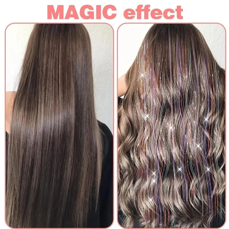 12pcs 20inch Tinsel Hair Extensions Wigs Colorful Shiny Artificial hair extensions Clip in Women Hairpieces for Daily Party Wear