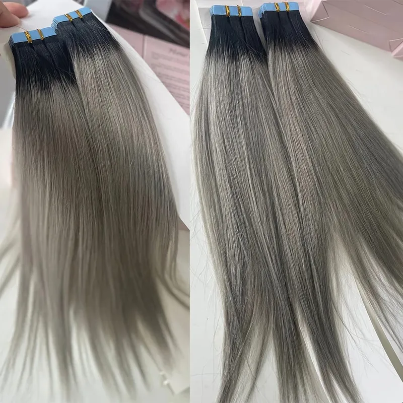 Doreen Châu Âu 100% Tóc Thật Của Con Người Băng Trong Phần Mở Rộng 16 Đến 24 50G 2.5G/cáiOmbre Đen Bạc xám Tóc PU Liền Mạch Băng Ins