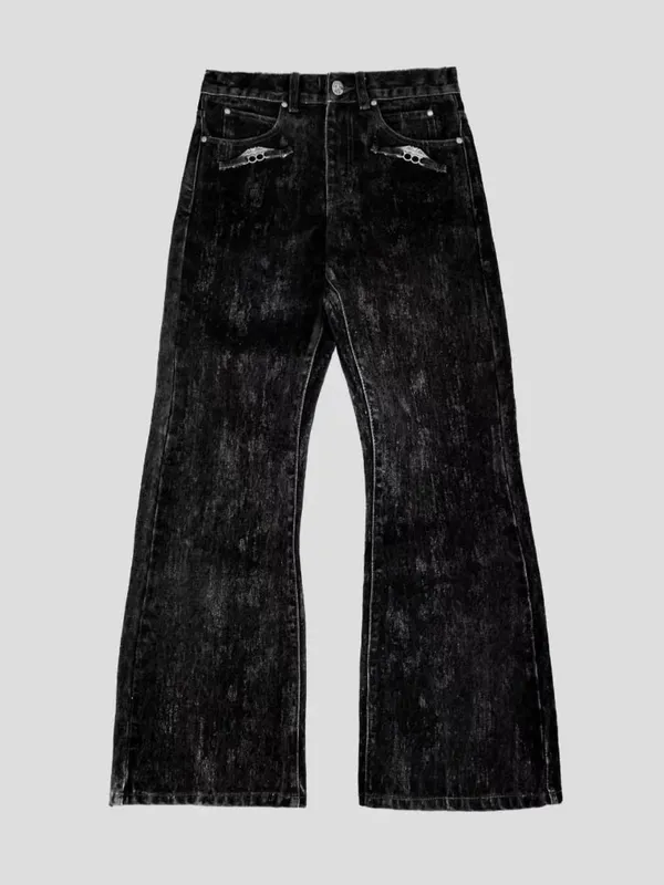 Mens Ins Style Jeans Fashion New American Vintage Flocked Flared Denim Pants Harajuku Unisex Loose Fit High Street Streetwear