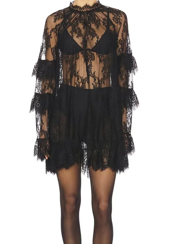 Women See Through Lace Dress Layered Flare Long Sleeve Crew Neck Ruffle Dress for Party Cocktail Club Dress Cover-ups