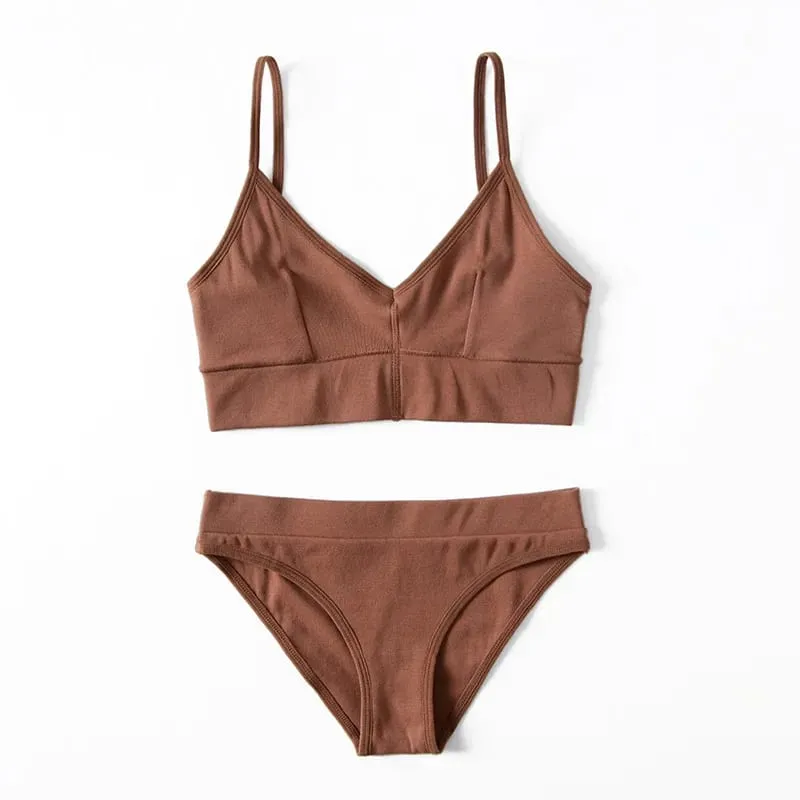 Solid Color Women Underwear Set Thin Strap V Neck Bra Briefs Soft Stretch Lingerie Sleep Outfit