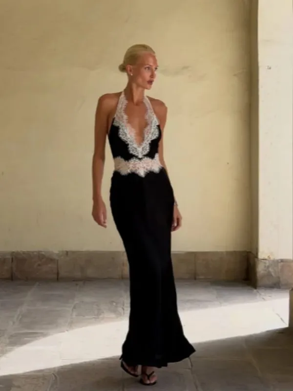 Siyah Dantel Patchwork Halter Boyun Maxi Elbiseler V Yaka Kolsuz Backless Yüksek Bel Uzun Elbise 2026 Zarif Parti Kulübü Kıyafetleri
