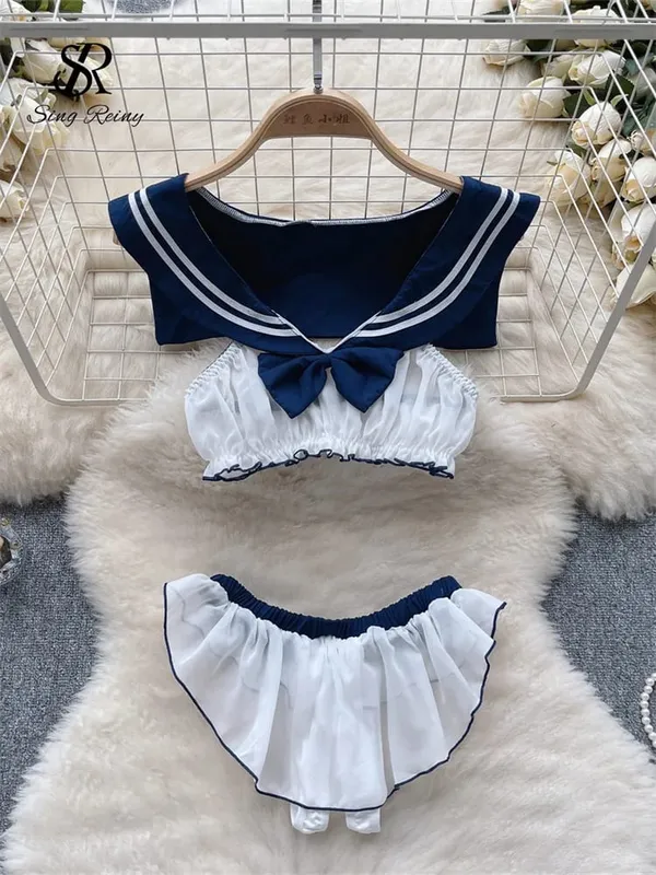 Bow Sheer Japan Style Erotiska kostymer Damunderkläder Marinblå krage Ärmlösa toppar+chiffongtrosor Söta sexiga underkläder