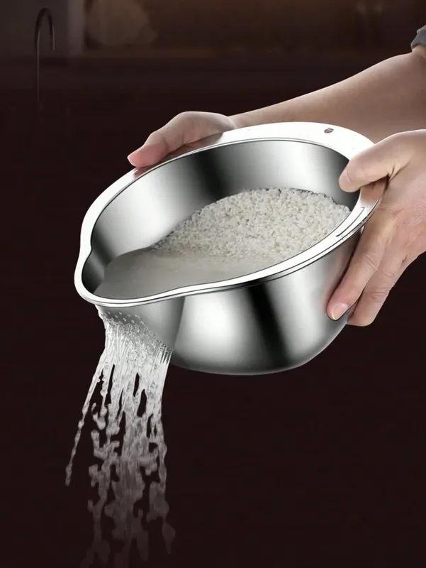 Stainless Steel Rice Washing Bowl with Drain Holes 2-in-1 Vegetable Fruit Strainer Colander Basket for Kitchen Sink