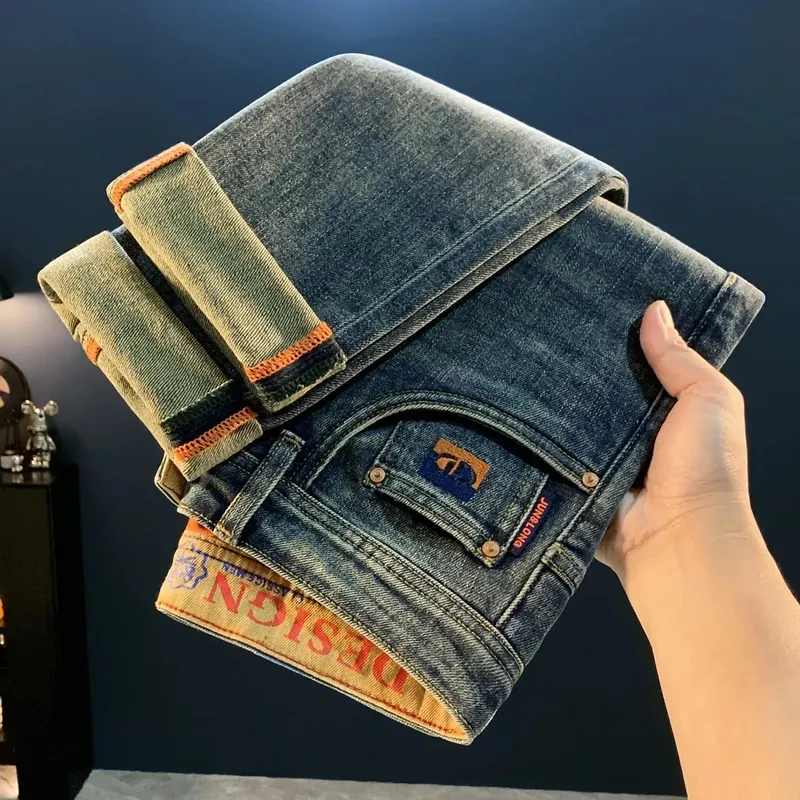 2025 autumn new jeans men's high-end street trend stretch slim fit small feet retro fashion casual pants