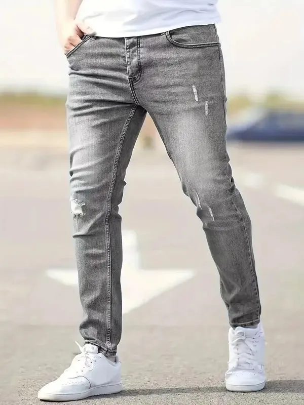 2026 New Fashion Men's Skinny Ripped Jeans Mid Waist Stretch Denim Pants Male's Slim Trousers with Pocket Casual Soft Streetwear
