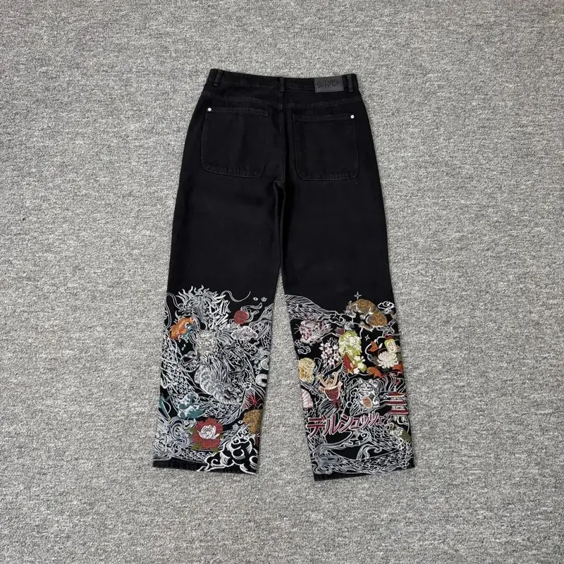 High Street Flower koi Fish Embroidery Baggy Jeans Pants for Men and Women Pantalones Hombre Straight Denim Trousers Oversized