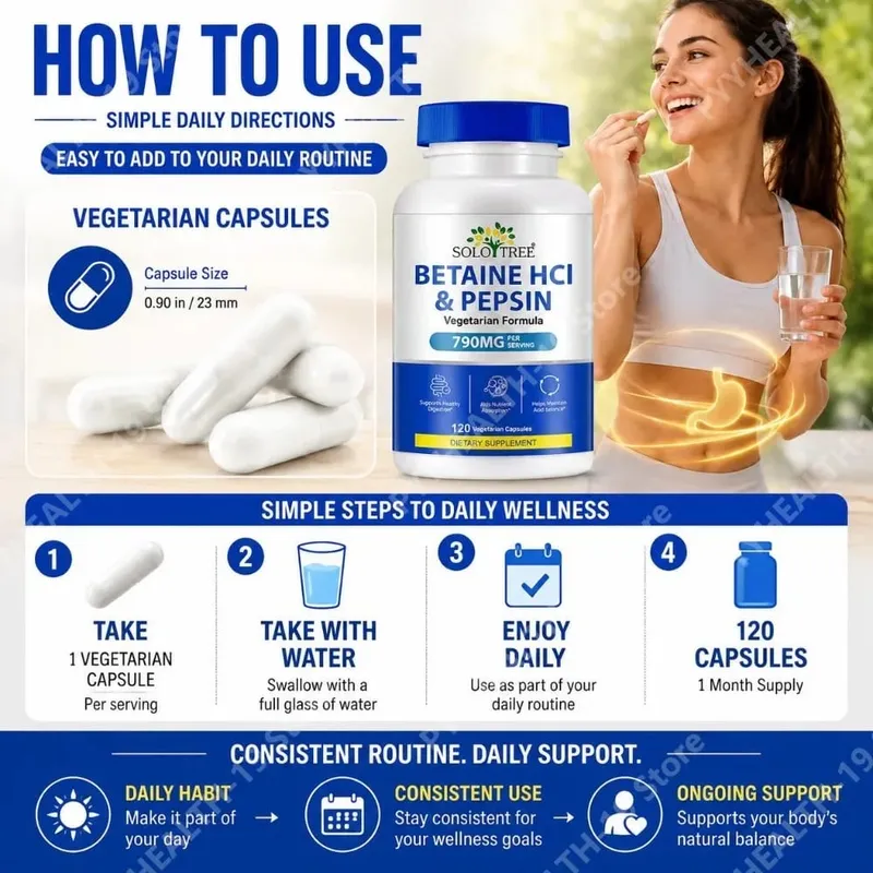 베타인 HCl 펩신 캡슐 790mg 소화 산성 균형 및 영양소 흡수 지원을 위한 채식주의자 성인 120개