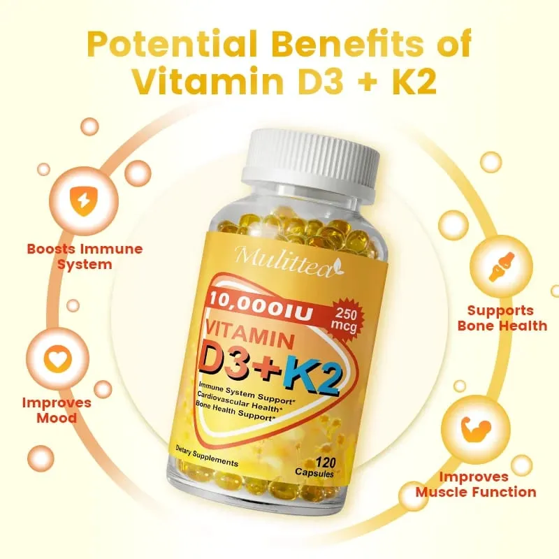 Mulittea Vitamin D3 with 250mcg Vitamin K2 Capsules For Joint Health Boosting Calcium Absorption Hearth Health & Immune Support