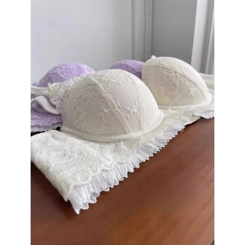 Hot French Pure Lace Lingerie Set Women Wireless Push Up Bra Small Breast Gathered Plus Size Comfort Party Nightwear Hot Trend