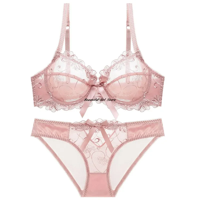 Lace Push Up Bra Set Breathable PantiesThin Mesh Cup Transparent Behalf Lingerie Bow Embroidery Flora Soutien Gorge