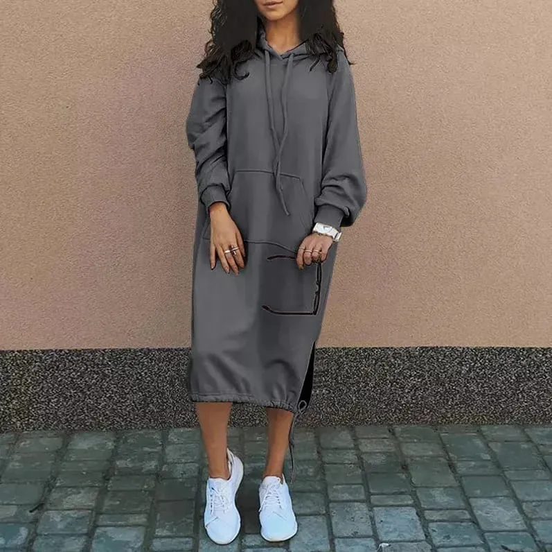 Gaun Panjang Hoodie Hangat Belahan Saku Elegan Berkerudung Besar Jubah Sweter Wanita Baru Mode Musim Gugur dan Musim Dingin 2023
