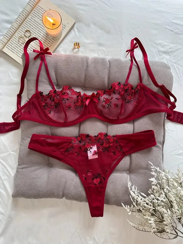 Lencería de noche para mujer, ropa interior Sexy hermosa de 2 piezas con bordado floral, conjunto de lencería erótica, conjuntos de mujer