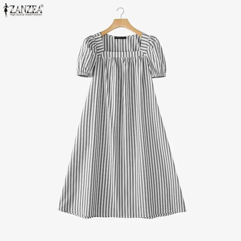 Women Summer Sundress Stylish Striped Dress 2026 Square Neck Short Sleeve Midi Robe Elegant Casual Holiday Beach Dresses