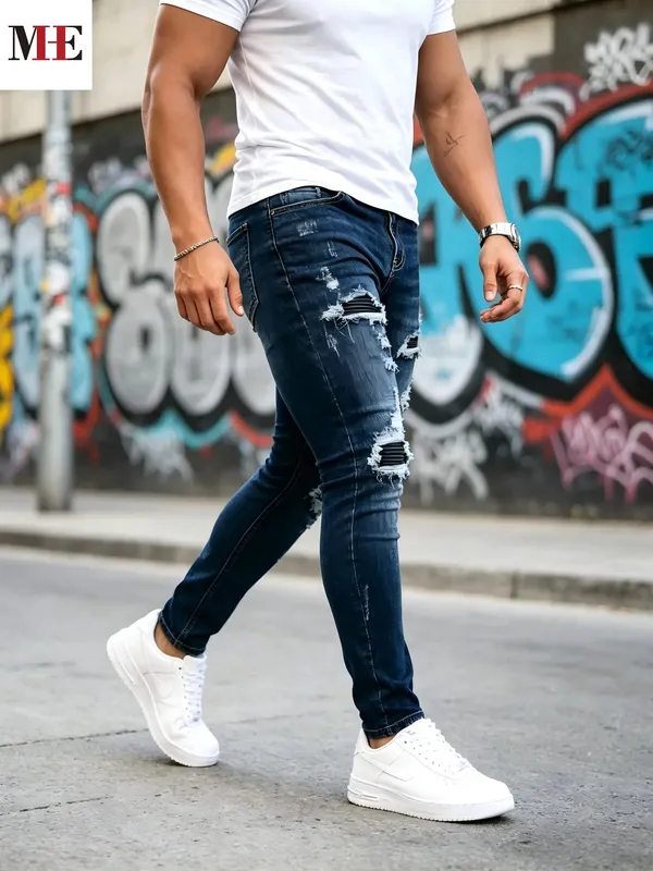 HME Men's Casual Denim Pants Dark Blue Slim Skinny Jeans with Black Stripe Patches for Daily Wear