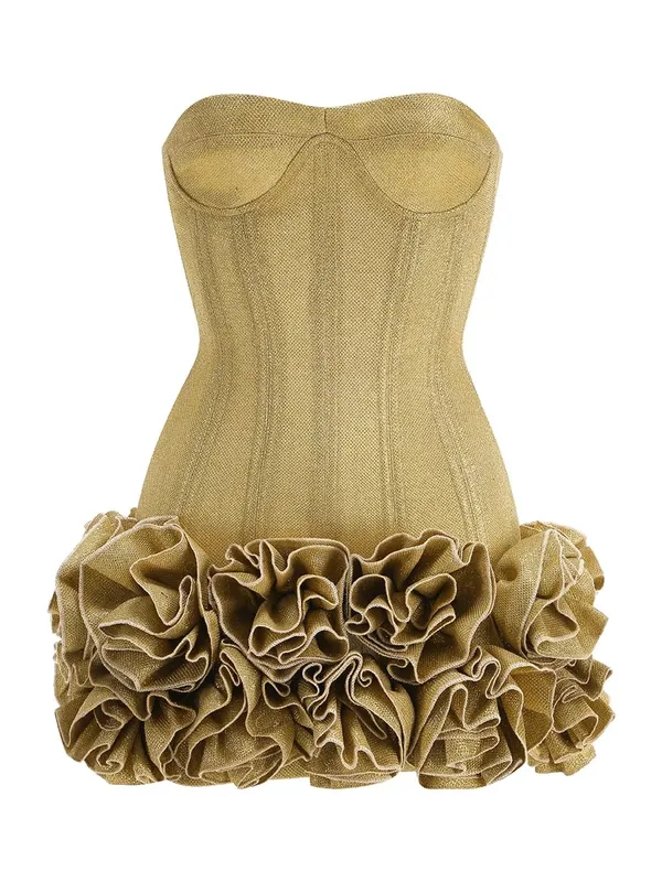 VC Weihnachtskleid, trägerlos, rückenfrei, rot, strukturiert, mit Blumen verziert, Minilänge, figurbetont, Promi-Party-Cocktailkleid