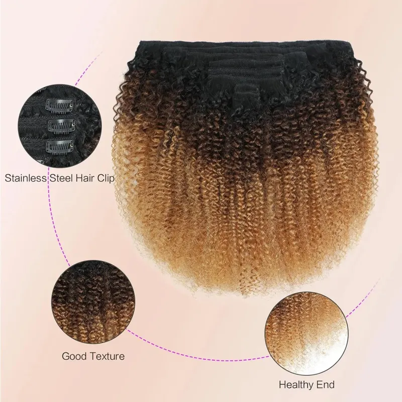 Ombre T1B/4/27 Afro kinky Curly Clip in Human Hiar Extensions 120G 8Pcs/Set BrazilianVirgin Human Hair Highlight P427 Extensions