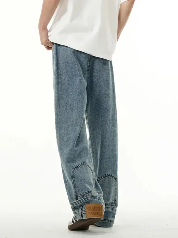 Jeans larghi alla moda da uomo autunno High Street Design con tasca inversa Pantaloni dritti a gamba larga in denim Tinta unita Y2K Vintage Jean