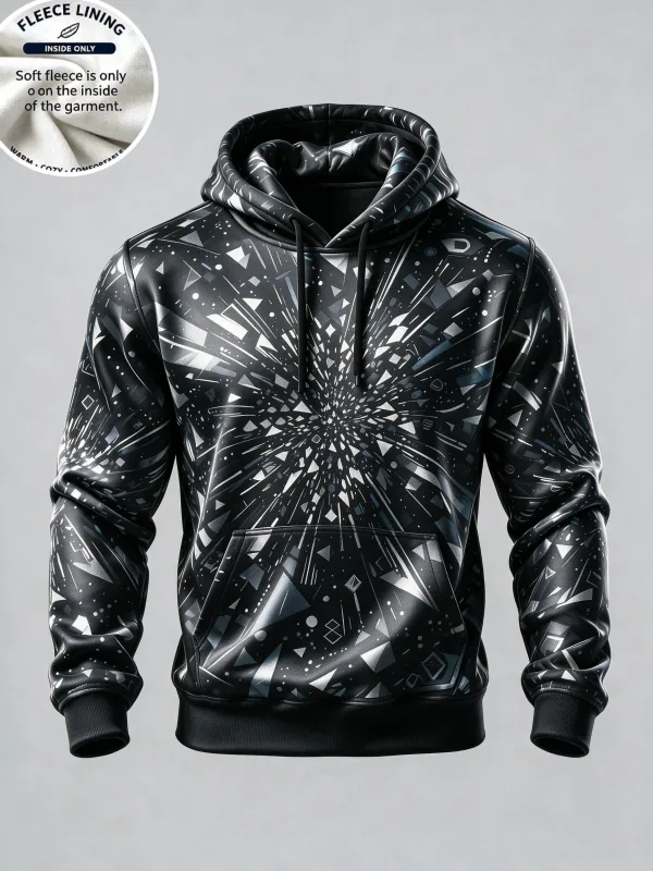 3D Print Fleece Hoodie Black Silver Burst Geometric Radial Pullover Long Sleeve Kangaroo Pocket Casual Sweatshirt