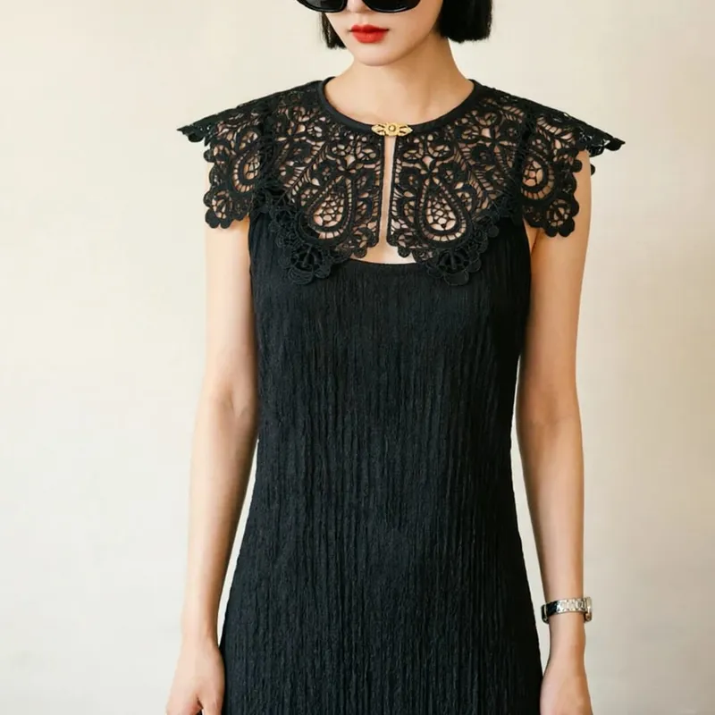 Pleated Sleeveless Elastic Long Dresses Women Vintage Palace Style Womens Black White Doll Fake Collar Soft Midi Dress Clothing