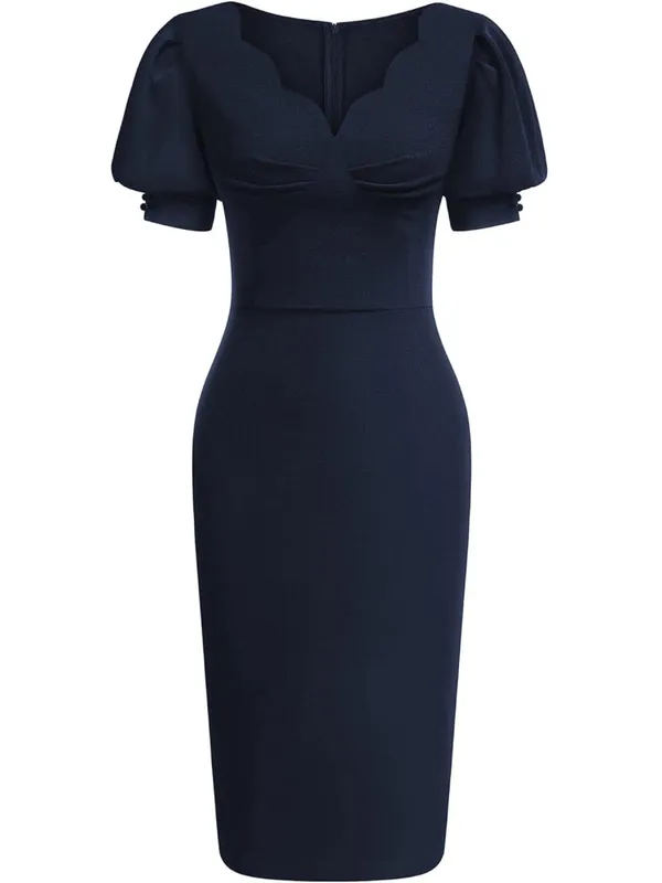 Women Elegant Cutout V-Neck Puff Sleeve Vintage Slim Work Office Cocktail Party Business Sheath Bodycon Pencil Dress