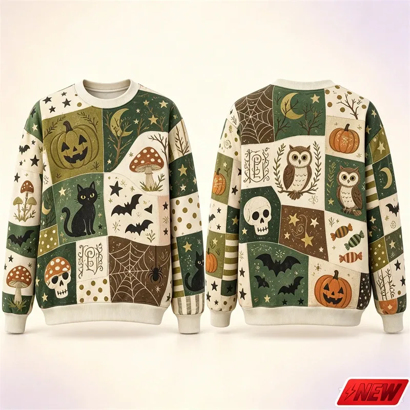 Halloween Splicing Patterns Sweatshirt Men 3D Print Pumpkin Cat Long Sleeve Pullover Hoodie Quick Dry Holiday Costume Top Unisex
