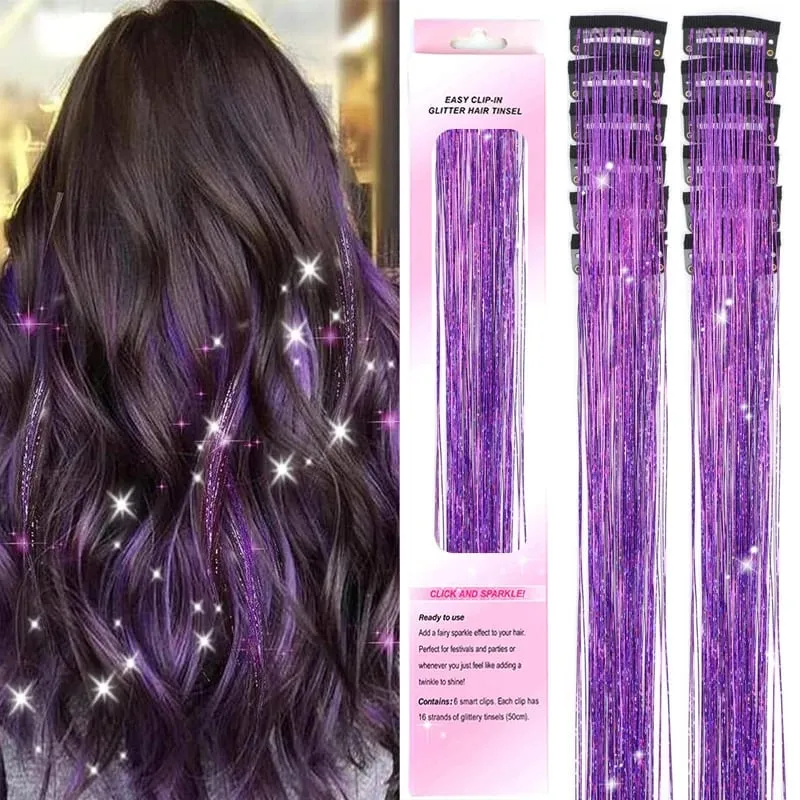 12 Uds. Extensiones de cabello de oropel con Clip morado, Kit de oropel para el cabello de colores, accesorios destacados para el cabello para mujeres y niños
