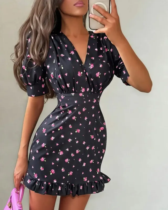 Minivestido elegante con estampado Floral para mujer, vestido elegante con cintura y cuello vuelto, Vestidos acampanados con mangas abullonadas, Vestidos diarios de verano para mujer